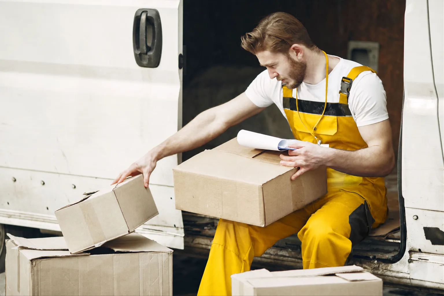 A courier in yellow overalls unloading parcels from a van