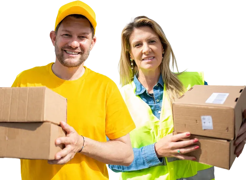 A smiling courier carrying parcels